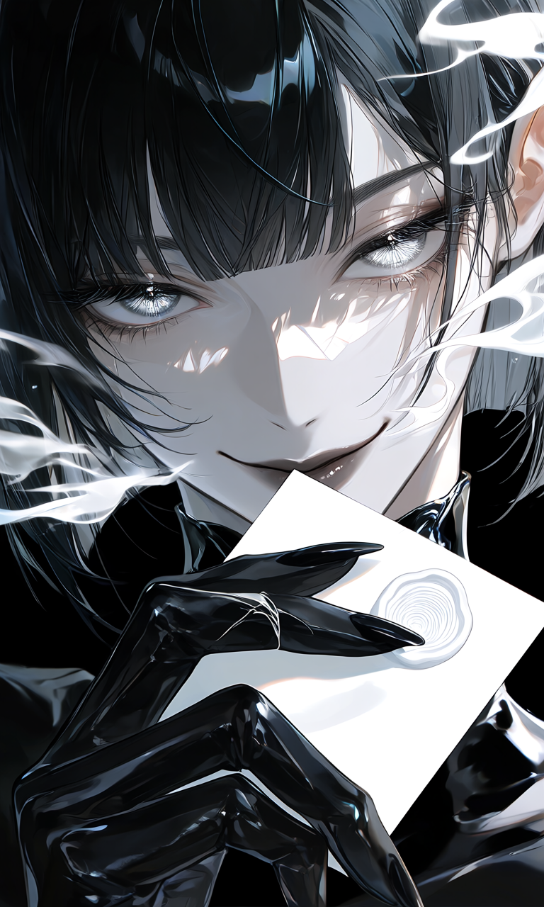 A dark-haired figure in black gloves holds a sealed white envelope amid pale drifting ribbons.