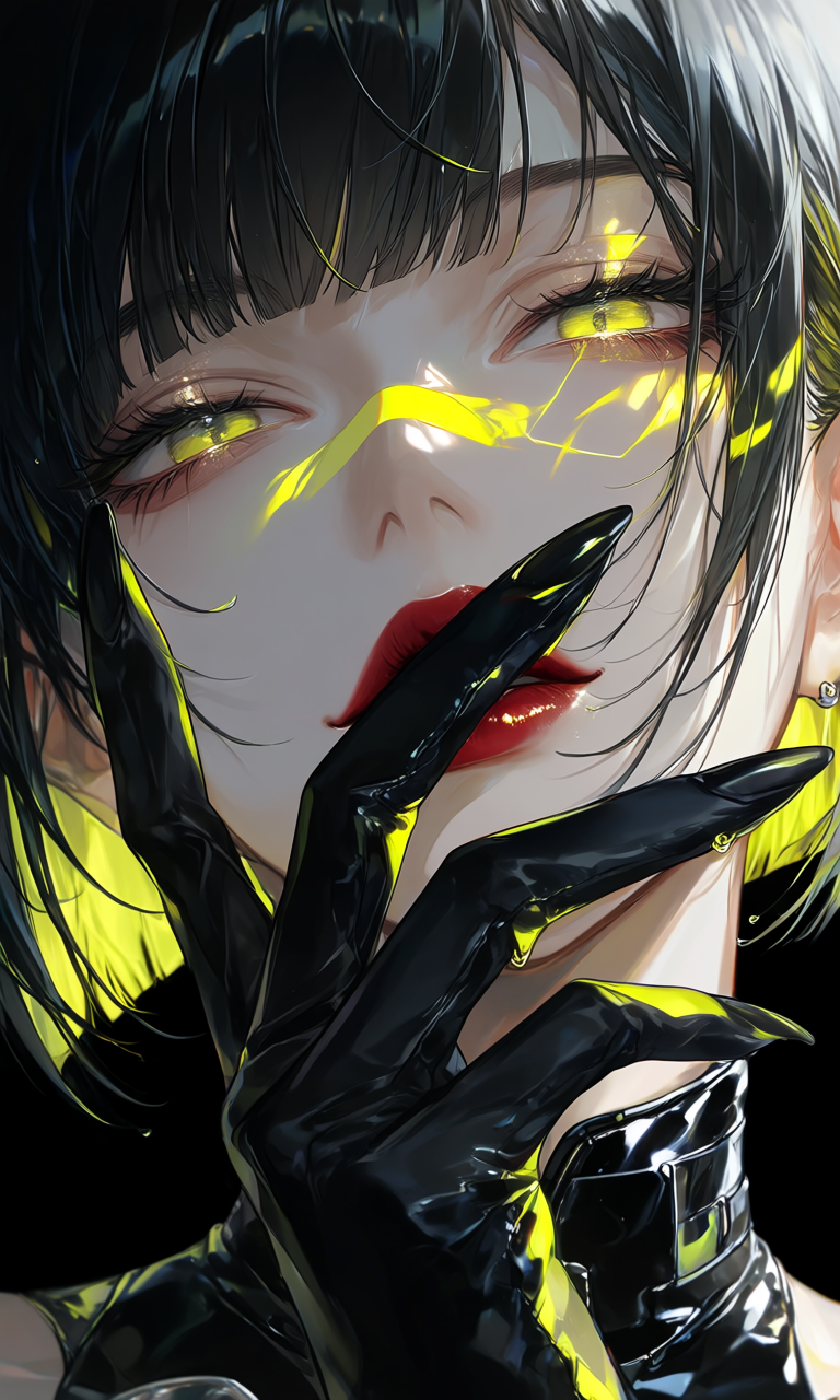 A black-haired figure in glossy gloves is crossed by sharp yellow light around the eyes and face.