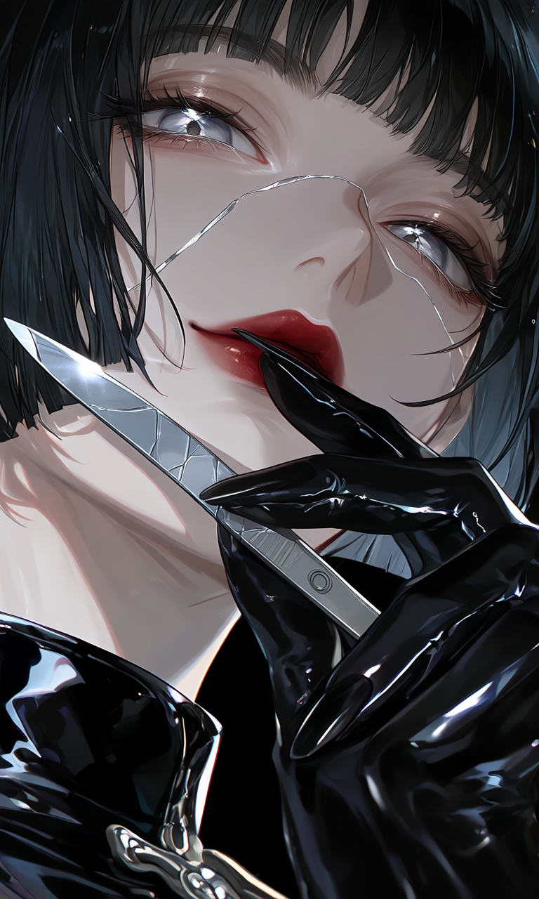 A close portrait of a black-haired figure holding reflective scissors beside their face.