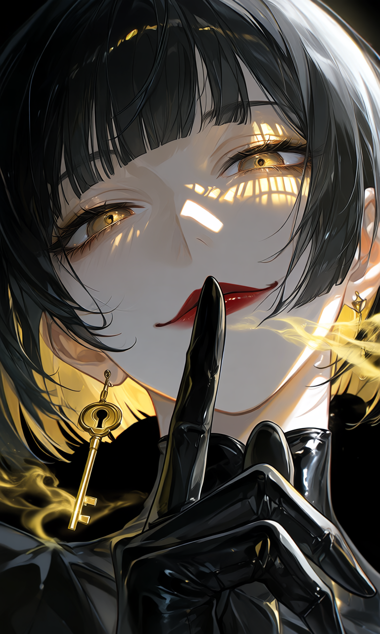 A black-haired figure gestures for silence while warm golden light and a key frame the portrait.