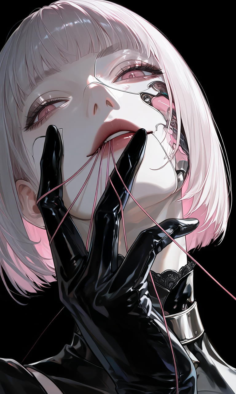 A pale-haired figure with mechanical facial details draws fine pink threads across black gloves.