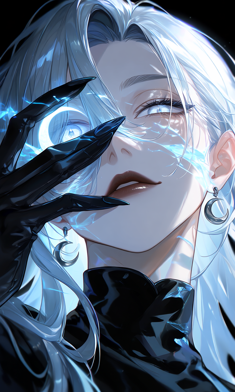 A silver-haired figure holds a crescent of blue-white light between glossy black fingers.