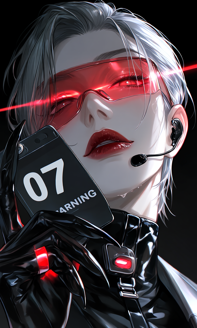A silver-haired figure in a red visor holds a numbered warning card beside a headset microphone.
