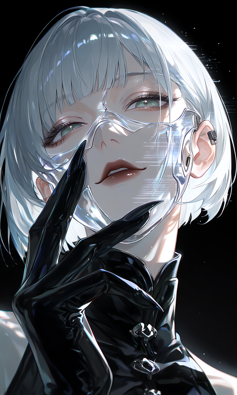 A pale-haired figure wearing a transparent mechanical face guard emerges from a black field.