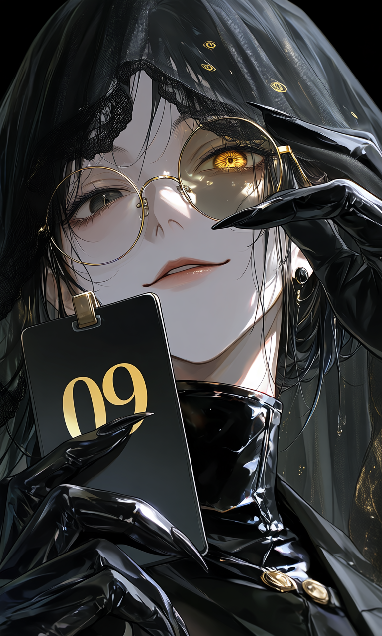 A veiled figure in round gold glasses holds a black number card against reflective clothing.