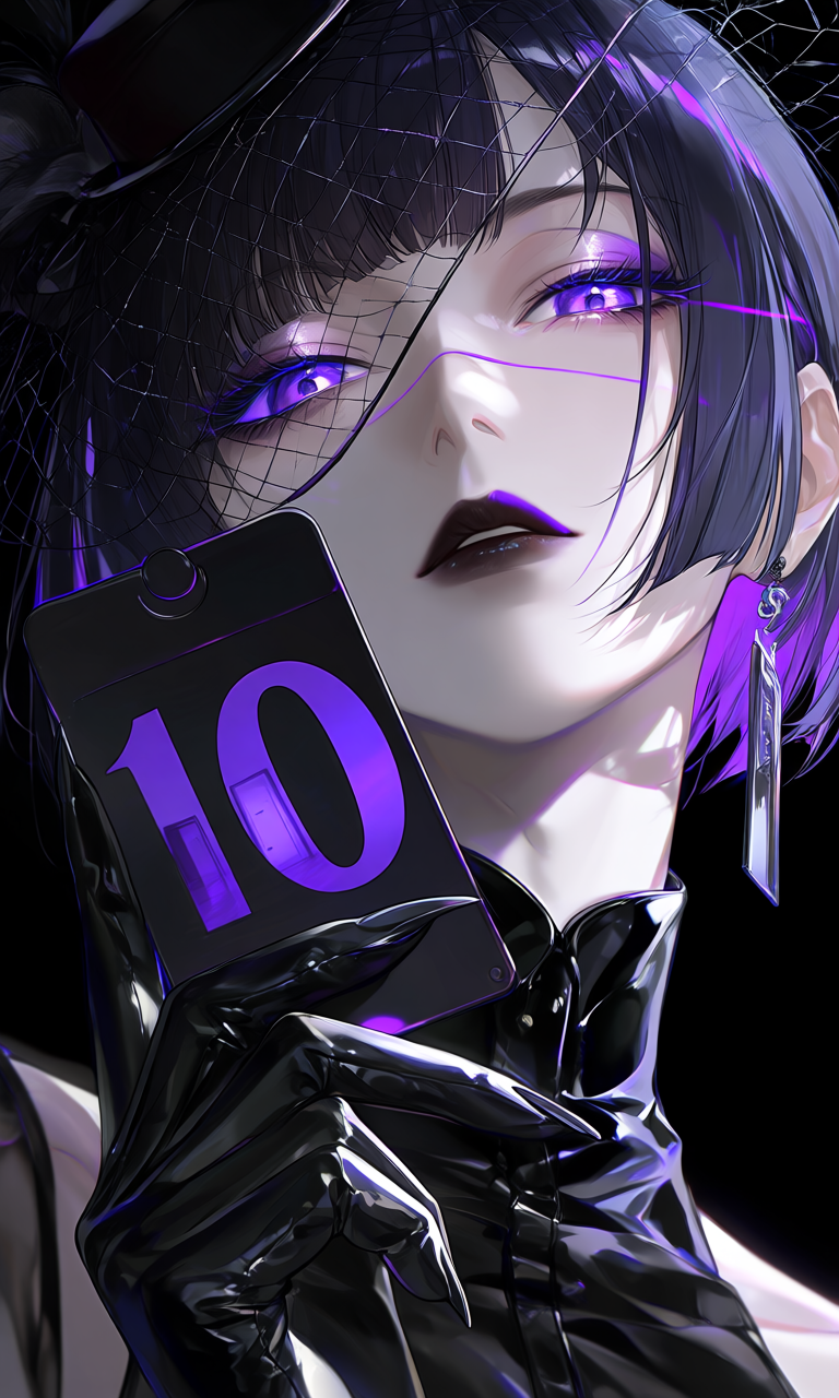 A dark-haired figure under a netted veil holds a black card marked ten in violet light.