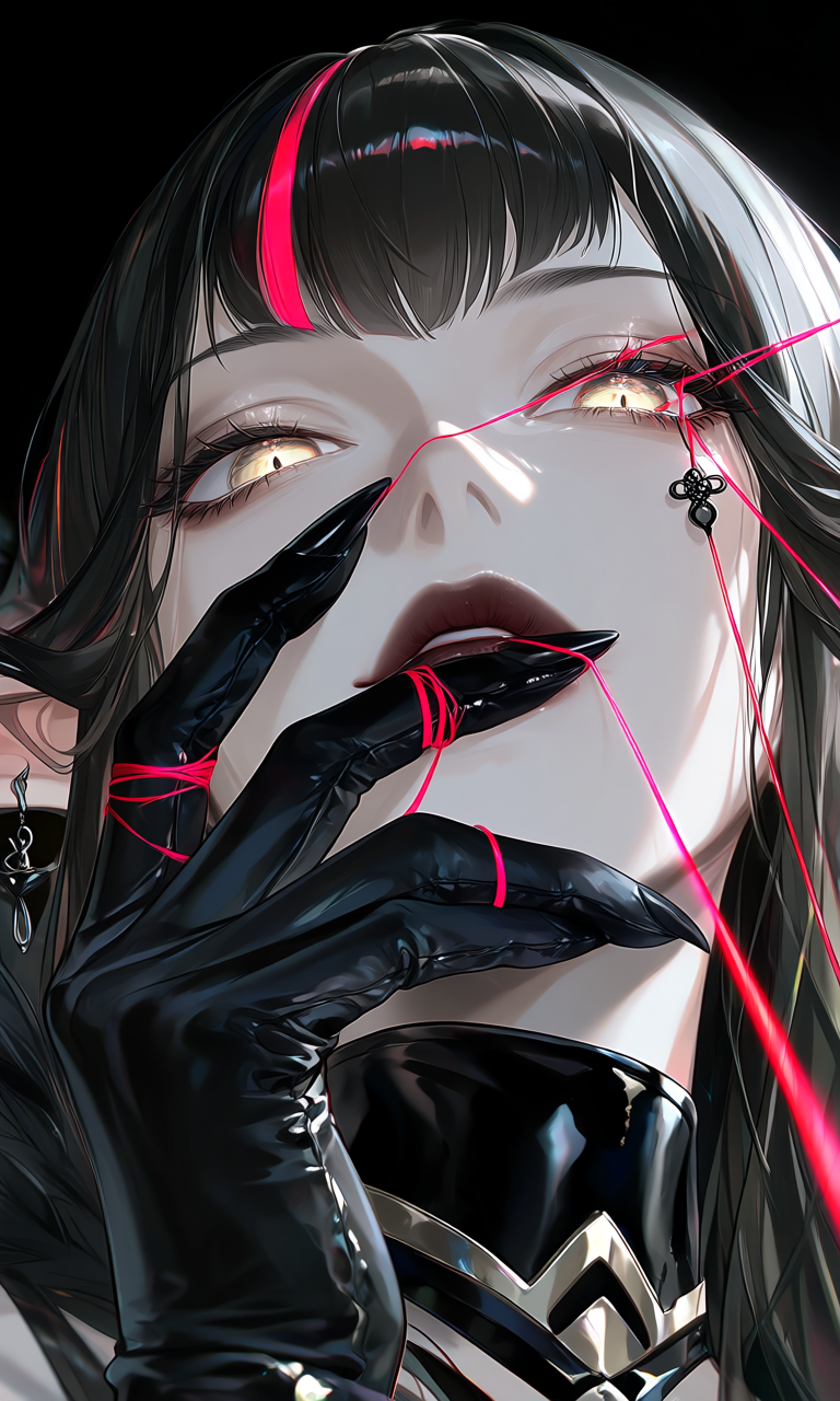 A dark-haired figure with luminous eyes is crossed by vivid red threads tied around black gloves.