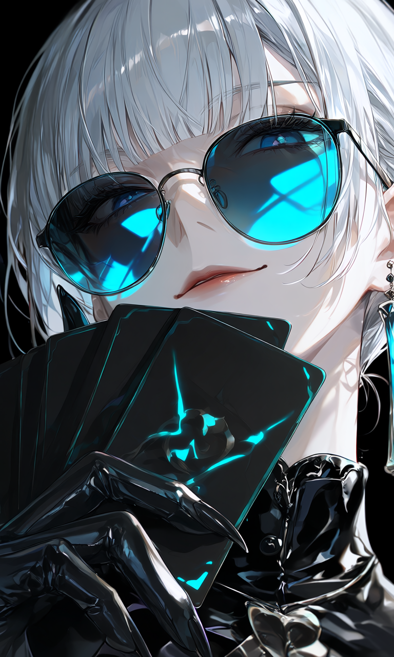 A silver-haired figure in cyan-tinted glasses holds three dark cards edged with blue light.