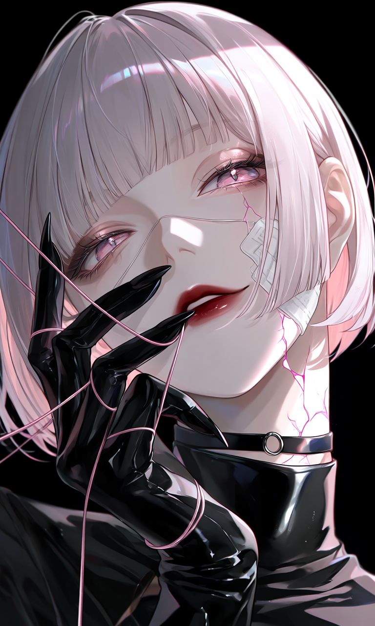 A pale-haired figure traces fine pink threads around a fractured translucent face covering.