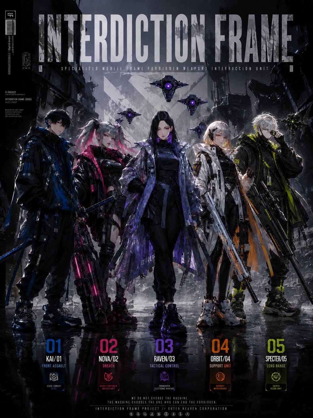 INTERDICTION FRAMEの五人の搭乗者と各機体区分を収めた公式ラインナップポスター。
